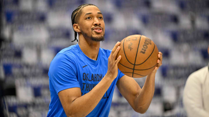 May 13, 2024; Dallas, Texas, USA; Oklahoma City Thunder guard Aaron Wiggins (21) warms up before the game between the Dallas Mavericks and the Oklahoma City Thunder in game four of the second round for the 2024 NBA playoffs at American Airlines Center. Mandatory Credit: Jerome Miron-USA TODAY Sports