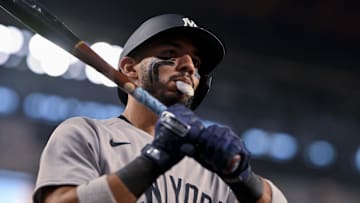 Aug 4, 2025; Arlington, Texas, USA; New York Yankees third baseman Jose Caballero (72) during the game between the Texas Rangers and the New York Yankees at Globe Life Field. Mandatory Credit: Jerome Miron-Imagn Images