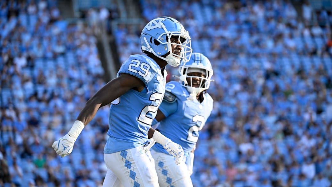 Sep 7, 2024; Chapel Hill, North Carolina, USA; North Carolina Tar Heels defensive back Marcus Allen (29) reacts in the fourth quarter at Kenan Memorial Stadium. Mandatory Credit: Bob Donnan-Imagn Images