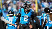 Oct 26, 2025; Charlotte, North Carolina, USA; Carolina Panthers cornerback Jaycee Horn (8) runs on to the field before the game at Bank of America Stadium. Mandatory Credit: Bob Donnan-Imagn Images