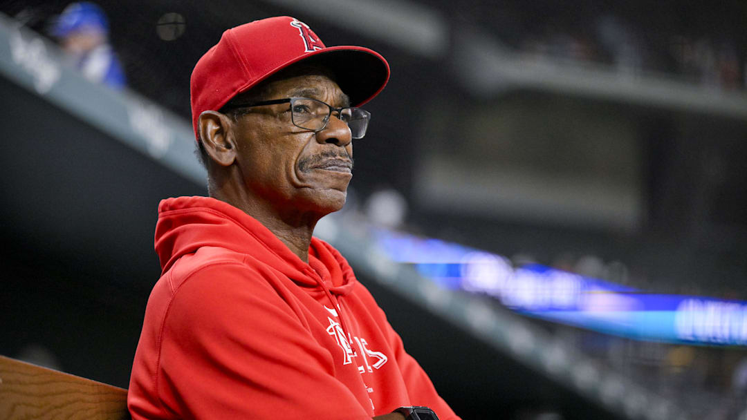 Sep 5, 2024; Arlington, Texas, USA; Los Angeles Angels manager Ron Washington (37) looks on from the dugout before the game against the Texas Rangers at Globe Life Field. Mandatory Credit: Jerome Miron-Imagn Images