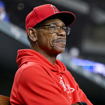 Sep 5, 2024; Arlington, Texas, USA; Los Angeles Angels manager Ron Washington (37) looks on from the dugout before the game against the Texas Rangers at Globe Life Field. Mandatory Credit: Jerome Miron-Imagn Images