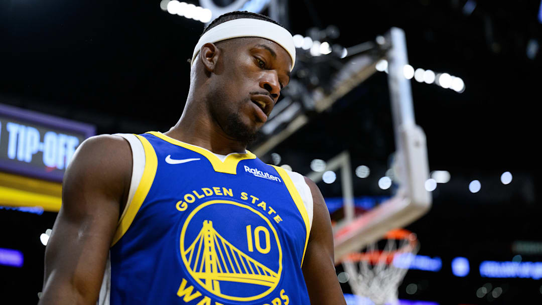 Oct 21, 2025; Los Angeles, California, USA; Golden State Warriors forward Jimmy Butler III (10) during the second half against the Los Angeles Lakers at Crypto.com Arena. Mandatory Credit: William Liang-Imagn Images