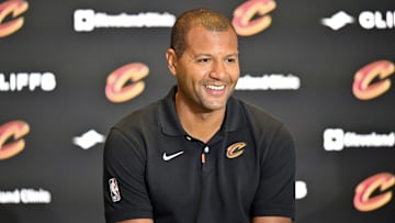 Sep 14, 2022; Cleveland, OH, USA; Cleveland Cavaliers president of basketball operations Koby Altman speaks to the media during an introductory press conference at Rocket Mortgage FieldHouse. Mandatory Credit: David Richard-Imagn Images