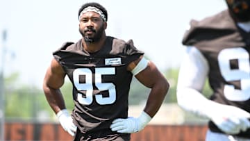 Aug 4, 2024; Cleveland Browns defensive end Myles Garrett (95) during practice at the Browns training facility in Berea, Ohio. Mandatory Credit: Bob Donnan-Imagn Images