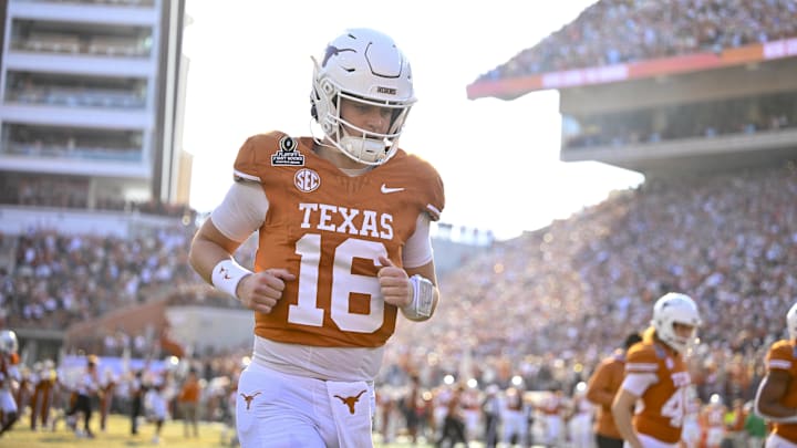Texas Longhorns quarterback Arch Manning (16) takes the field before the game between the Texas Longhorns and the Clemson Tigers. Texas Longhorns quarterback Arch Manning (16) takes the field before the game between the Texas Longhorns and the Clemson Tigers.