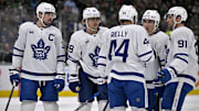 Dec 18, 2024; Dallas, Texas, USA; Toronto Maple Leafs center John Tavares (91) and right wing William Nylander (88) and defenseman Morgan Rielly (44) and center Auston Matthews (34) and right wing Mitch Marner (16) prepare to go on the power play against the Dallas Stars during the first period at the American Airlines Center. Mandatory Credit: Jerome Miron-Imagn Images