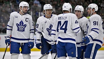 Dec 18, 2024; Dallas, Texas, USA; Toronto Maple Leafs center John Tavares (91) and right wing William Nylander (88) and defenseman Morgan Rielly (44) and center Auston Matthews (34) and right wing Mitch Marner (16) prepare to go on the power play against the Dallas Stars during the first period at the American Airlines Center. Mandatory Credit: Jerome Miron-Imagn Images