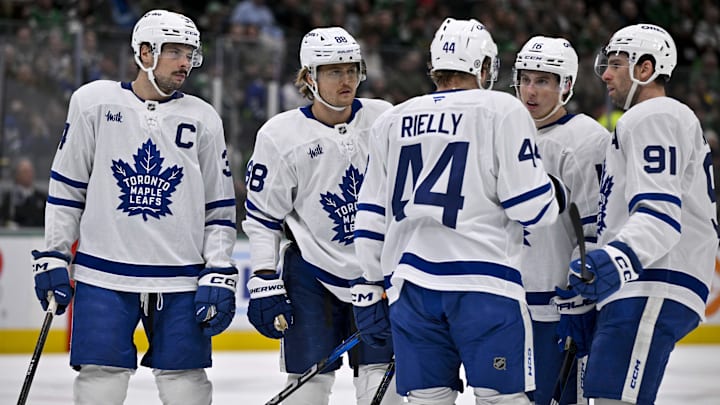 Dec 18, 2024; Dallas, Texas, USA; Toronto Maple Leafs center John Tavares (91) and right wing William Nylander (88) and defenseman Morgan Rielly (44) and center Auston Matthews (34) and right wing Mitch Marner (16) prepare to go on the power play against the Dallas Stars during the first period at the American Airlines Center. Mandatory Credit: Jerome Miron-Imagn Images Dec 18, 2024; Dallas, Texas, USA; Toronto Maple Leafs center John Tavares (91) and right wing William Nylander (88) and defenseman Morgan Rielly (44) and center Auston Matthews (34) and right wing Mitch Marner (16) prepare to go on the power play against the Dallas Stars during the first period at the American Airlines Center. Mandatory Credit: Jerome Miron-Imagn Images