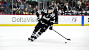 Apr 11, 2025; Newark, New Jersey, USA; New Jersey Devils defenseman Luke Hughes (43) skates with the puck during the third period against the Pittsburgh Penguins at Prudential Center. Mandatory Credit: John Jones-Imagn Images