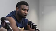 Dec 6, 2023; Las Vegas, NV, USA; New Orleans Pelicans forward Zion Williamson (1) addresses the media in a press conference during practice day prior to the In-Season Tournament semi-finals at T-Mobile Arena. Mandatory Credit: Candice Ward-Imagn Images