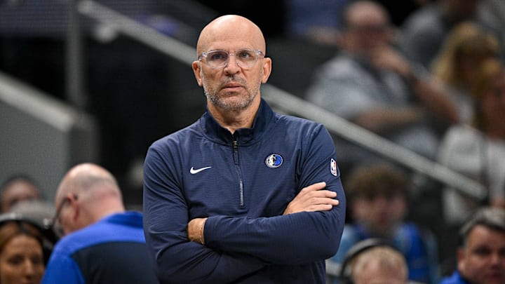 Dallas Mavericks head coach Jason Kidd looks on during the first quarter against the Brooklyn Nets at the American Airlines Center.