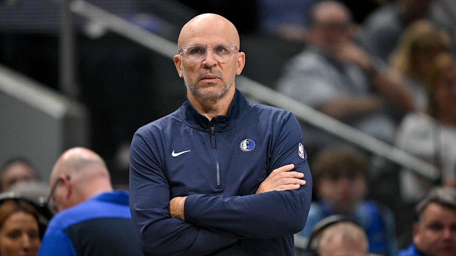 Dallas Mavericks head coach Jason Kidd looks on during the first quarter against the Brooklyn Nets at the American Airlines Center. | Jerome Miron-Imagn Images