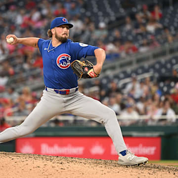 Aug 31, 2024; Washington, District of Columbia, USA; Chicago Cubs relief pitcher Porter Hodge (37) throws against the Washington Nationals during the ninth inning at Nationals Park.