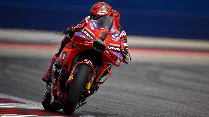 Apr 13, 2024; Austin, TX, USA; Francesco Bagnaia (1) of Italy and Ducati Lenovo Team rides during the qualifying session for the MotoGP Grand Prix of the Americas at Circuit of The Americas. Mandatory Credit: Jerome Miron-USA TODAY Sports