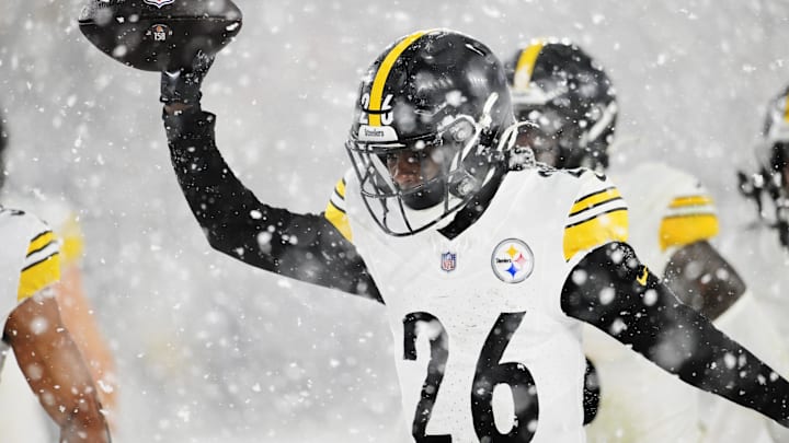 Nov 21, 2024; Cleveland, Ohio, USA; Pittsburgh Steelers cornerback Donte Jackson (26) celebrates after intercepting a pass during the second half against the Cleveland Browns at Huntington Bank Field. Mandatory Credit: Ken Blaze-Imagn Images Nov 21, 2024; Cleveland, Ohio, USA; Pittsburgh Steelers cornerback Donte Jackson (26) celebrates after intercepting a pass during the second half against the Cleveland Browns at Huntington Bank Field. Mandatory Credit: Ken Blaze-Imagn Images