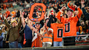 Oregon State Beavers students react to the video board during the third quarter against the Sam Houston Bearkats