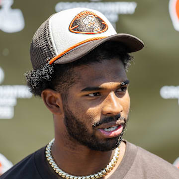 May 10, 2025; Berea, OH, USA; Cleveland Browns quarterback Shedeur Sanders (12) talks to the media during rookie minicamp at CrossCountry Mortgage Campus. Mandatory Credit: Ken Blaze-Imagn Images
