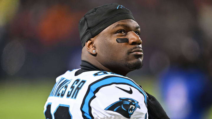 Nov 9, 2023; Chicago, Illinois, USA;  Carolina Panthers linebacker Marquis Haynes Sr. (98) waits for the start of a game against the Chicago Bears at Soldier Field. Mandatory Credit: Jamie Sabau-USA TODAY Sports