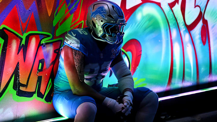 Dec 21, 2025; Detroit, Michigan, USA; Detroit Lions defensive end Marcus Davenport (92) before the game against the Pittsburgh Steelers at Ford Field.