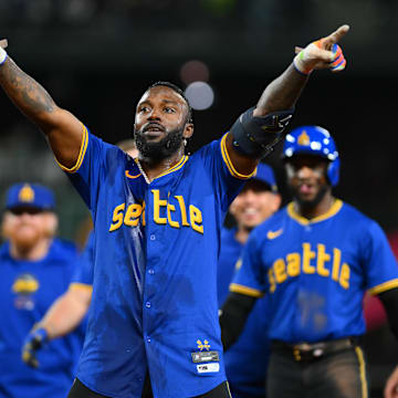 Seattle Mariners designated hitter Randy Arozarena celebrates after hitting a walk-off single after a game against the Texas Rangers on Saturday at T-Mobile Park.