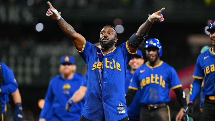 Seattle Mariners designated hitter Randy Arozarena celebrates after hitting a walk-off single after a game against the Texas Rangers on Saturday at T-Mobile Park.