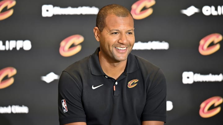 Sep 14, 2022; Cleveland, OH, USA; Cleveland Cavaliers president of basketball operations Koby Altman speaks to the media during an introductory press conference at Rocket Mortgage FieldHouse.