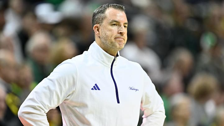 Mar 7, 2026; Eugene, Oregon, USA; Washington Huskies head coach Danny Sprinkle looks on during the first half against the Oregon Ducks at Matthew Knight Arena. Mandatory Credit: Craig Strobeck-Imagn Images