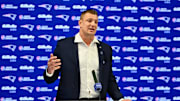 Nov 12, 2025; Foxborough, MA, USA; New England Patriots former player and current Fox Sports football analyst Rob Gronkowski speaks during a press conference where he signed a ceremonial one day contract at Gillette Stadium. Mandatory Credit: Eric Canha-Imagn Images