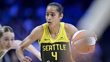 May 19, 2025; Arlington, Texas, USA;  Seattle Storm guard Skylar Diggins (4) brings the ball up court against the Dallas Wings during the second half at College Park Center. Mandatory Credit: Jerome Miron-Imagn Images
