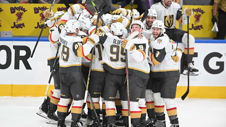 May 10, 2025; Edmonton, Alberta, CAN;  Las Vegas Golden Knights celebrate their win against the Edmonton Oilers during the third period in game three of the second round of the 2025 Stanley Cup Playoffs at Rogers Place. Mandatory Credit: Walter Tychnowicz-Imagn Images