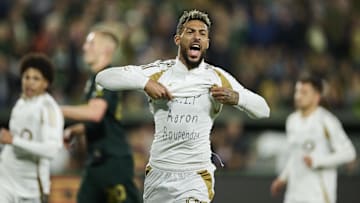 LAFC forward Denis Bouanga celebrates after scoring a goal off a penalty kick during the second half against the Portland Timbers at Providence Park. Mandatory Credit: Troy Wayrynen-Imagn Images