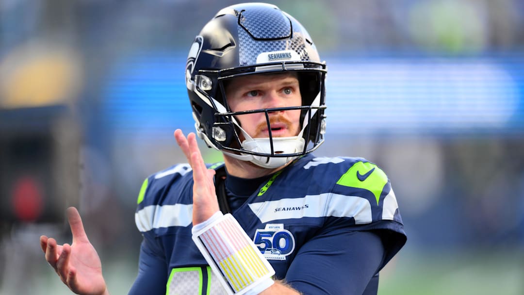 Seattle Seahawks quarterback Sam Darnold looks on before the 2026 NFC Championship Game against the Los Angeles Rams.