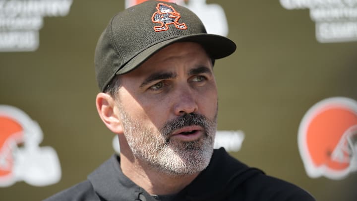 May 9, 2025; Berea, OH, USA; Cleveland Browns head coach Kevin Stefanski talks to the media during rookie minicamp at CrossCountry Mortgage Campus. Mandatory Credit: Ken Blaze-Imagn Images
