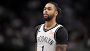 Mar 31, 2025; Dallas, Texas, USA; Brooklyn Nets guard D'Angelo Russell (1) during the game between the Dallas Mavericks and the Brooklyn Nets at the American Airlines Center. Mandatory Credit: Jerome Miron-Imagn Images