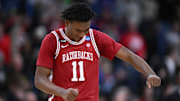 Mar 22, 2025; Providence, RI, USA; Arkansas Razorbacks forward Karter Knox (11) celebrates during the second half of a second round men’s NCAA Tournament game against the St. John's Red Storm at Amica Mutual Pavilion.