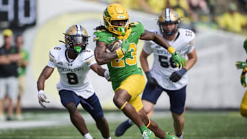 In his first two games as a true freshman, Oregon running back Dierre Hill has six carries for 67 yards and a touchdown. He's one of four Oregon runners averaging over 11 yards a carry.