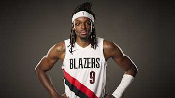 Sep 29, 2025; Portland, OR, USA; Portland Trail Blazers forward Jerami Grant (9) during media day at the Moda Center. Mandatory Credit: Troy Wayrynen-Imagn Images