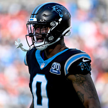 Nov 24, 2024; Charlotte, North Carolina, USA; Carolina Panthers tight end Ja'Tavion Sanders (0) on the field before the game at Bank of America Stadium. Mandatory Credit: Bob Donnan-Imagn Images