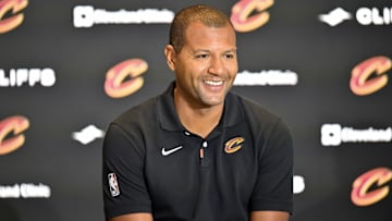 Sep 14, 2022; Cleveland, OH, USA; Cleveland Cavaliers president of basketball operations Koby Altman speaks to the media during an introductory press conference at Rocket Mortgage FieldHouse. Mandatory Credit: David Richard-Imagn Images