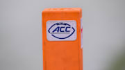 Sep 6, 2025; Dallas, Texas, USA; A view of the ACC logo on an end zone pylon during the game between the SMU Mustangs and the Baylor Bears at Gerald J. Ford Stadium. Mandatory Credit: Jerome Miron-Imagn Images