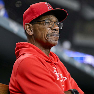 Sep 5, 2024; Arlington, Texas, USA; Los Angeles Angels manager Ron Washington (37) looks on from the dugout before the game against the Texas Rangers at Globe Life Field. Mandatory Credit: Jerome Miron-Imagn Images