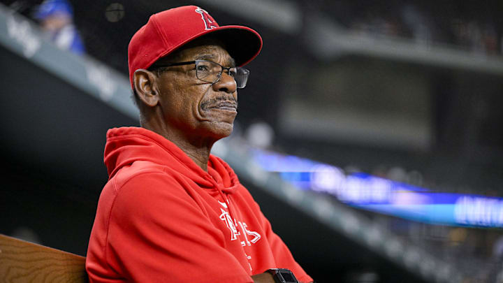 Sep 5, 2024; Arlington, Texas, USA; Los Angeles Angels manager Ron Washington (37) looks on from the dugout before the game against the Texas Rangers at Globe Life Field. Mandatory Credit: Jerome Miron-Imagn Images