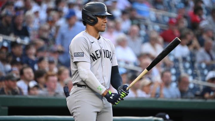 Aug 28, 2024; Washington, District of Columbia, USA; New York Yankees right fielder Juan Soto (22) prepares for an at bat against the Washington Nationals during the first inning at Nationals Park.