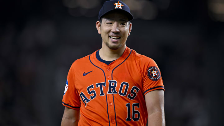 Aug 7, 2024; Arlington, Texas, USA;  Houston Astros starting pitcher Yusei Kikuchi (16) comes off the field after he pitches against the Texas Rangers during the fifth inning at Globe Life Field. Mandatory Credit: Jerome Miron-USA TODAY Sports