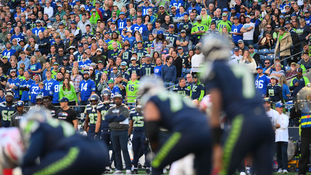 Oct 6, 2024; Seattle, Washington, USA; Fans during the second half of the game between the Seattle Seahawks and the New York Giants at Lumen Field. Oct 6, 2024; Seattle, Washington, USA; Fans during the second half of the game between the Seattle Seahawks and the New York Giants at Lumen Field.