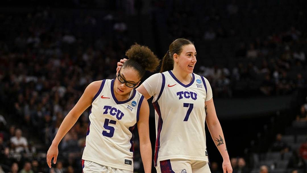 Mar 28, 2026; Sacramento, CA, USA; Texas Christian University Horned Frogs guard Olivia Miles (5) and forward Marta Suárez (7) embrace after a called foul during the second quarter of the game against the Virginia Cavaliers in the Sweet Sixteen game of the Sacramento Regional 4 of the women's 2026 NCAA Tournament at Golden 1 Center. Mandatory Credit: Ed Szczepanski-Imagn Images