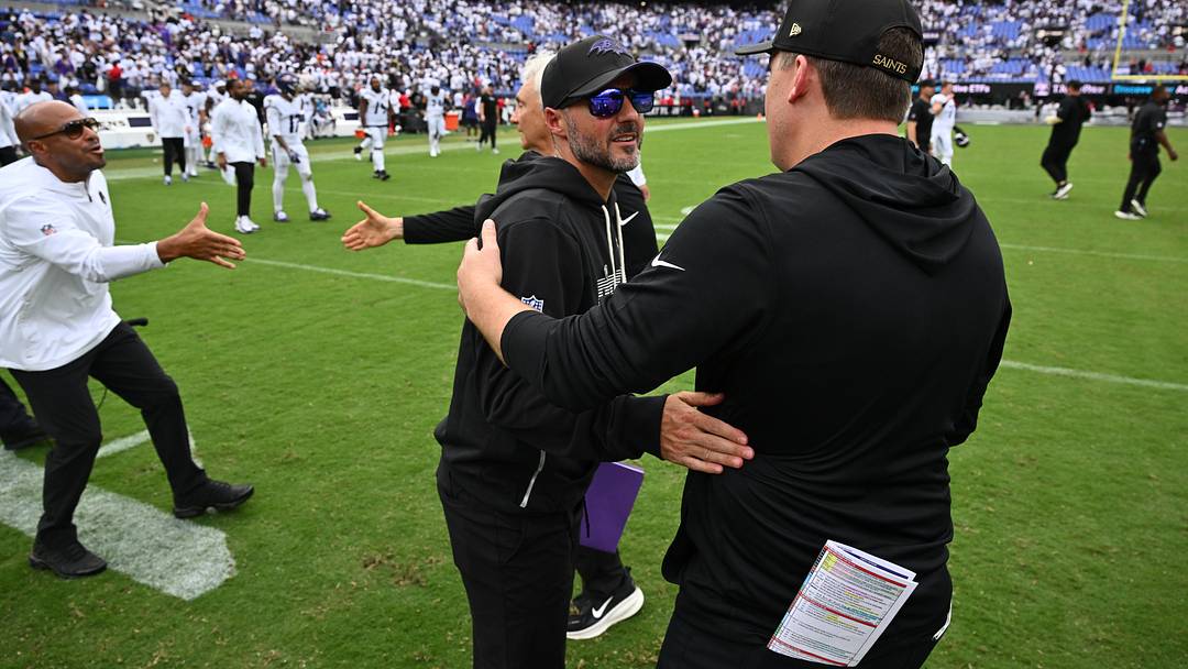 Sep 20, 2026; Baltimore, Maryland, USA; Baltimore Ravens head coach Jesse Minter shakes hands with New Orleans Saints head coach Kellen Moore after the game at M&T Bank Stadium. Mandatory Credit: Jamie Sabau-Imagn Images Sep 20, 2026; Baltimore, Maryland, USA; Baltimore Ravens head coach Jesse Minter shakes hands with New Orleans Saints head coach Kellen Moore after the game at M&T Bank Stadium. Mandatory Credit: Jamie Sabau-Imagn Images