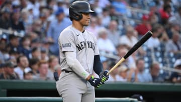 Aug 28, 2024; Washington, District of Columbia, USA; New York Yankees right fielder Juan Soto (22) prepares for an at bat against the Washington Nationals during the first inning at Nationals Park. Mandatory Credit: Rafael Suanes-USA TODAY Sports