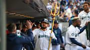 Seattle Mariners first baseman Rowdy Tellez (center) celebrates after hitting a home run against the Toronto Blue Jays on May 10 at T-Mobile Park.